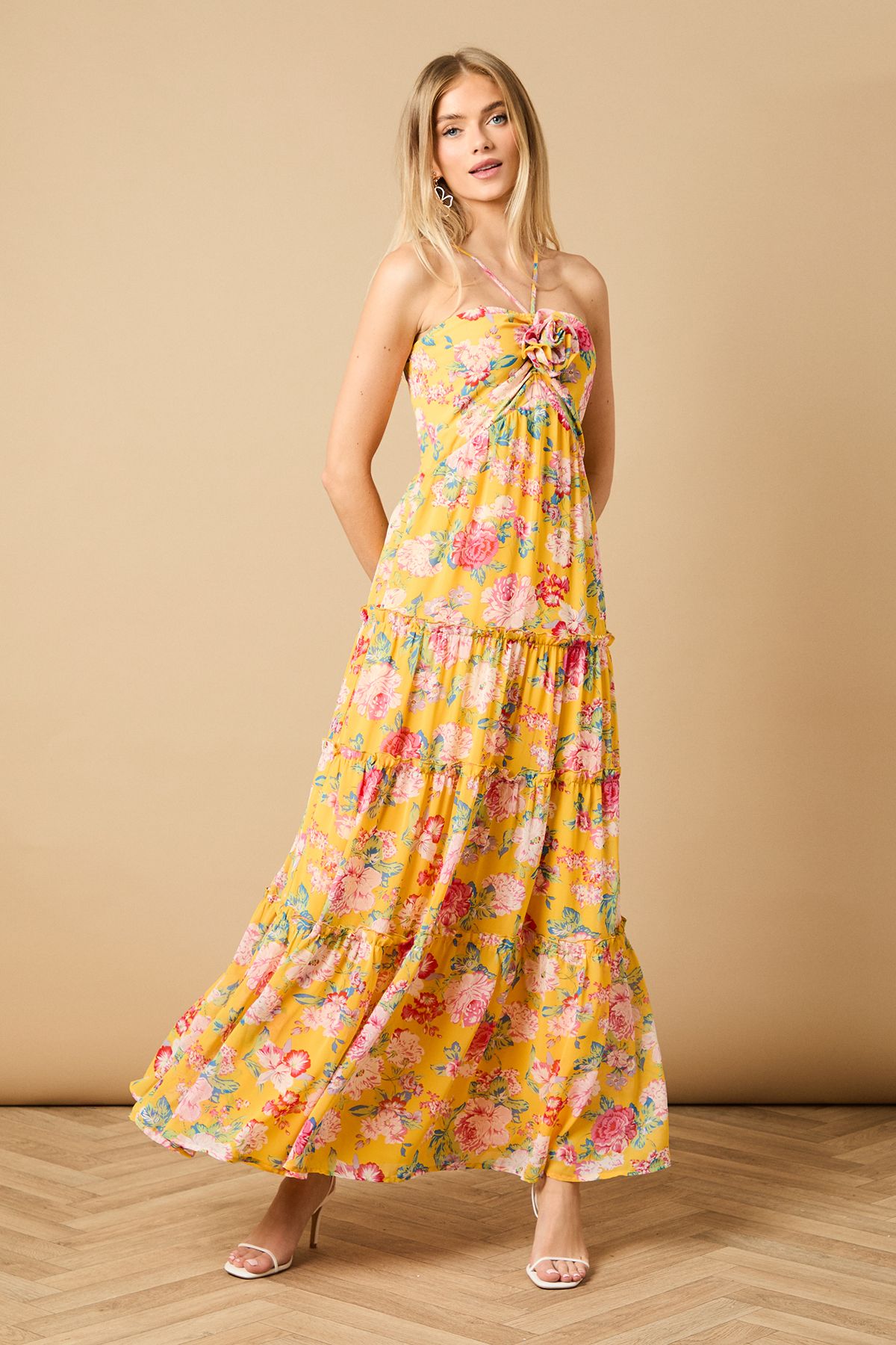 Rosette Detail Halterneck Midi Dress
