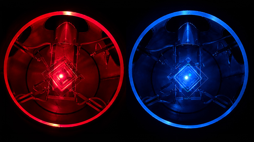 Electrically-excited quantum dots lit up red and blue