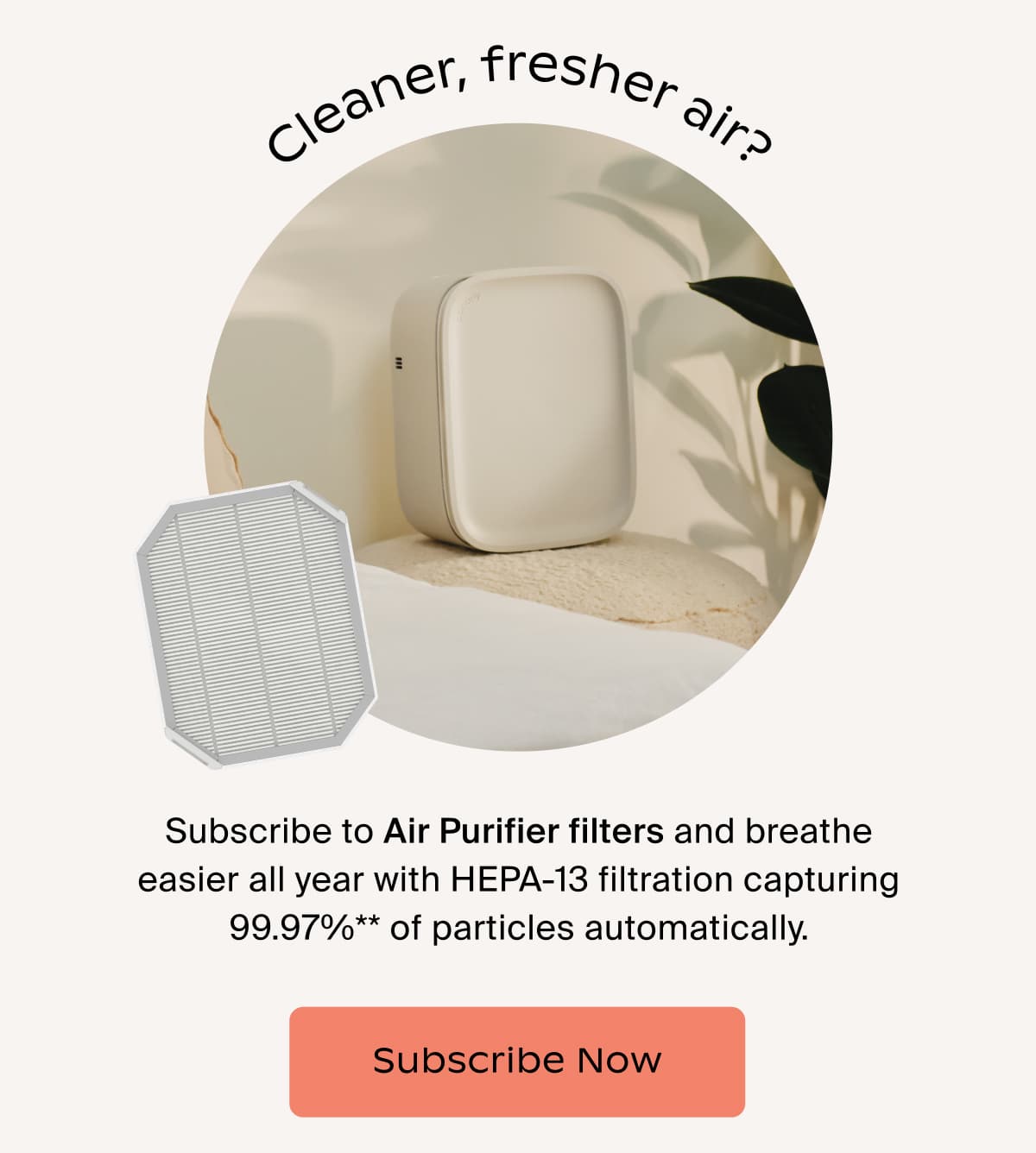 Subscribe to Air Purifier filters and breathe easier all year with HEPA-13 filtration capturing 99.97%** of particles automatically. | Subscribe Now