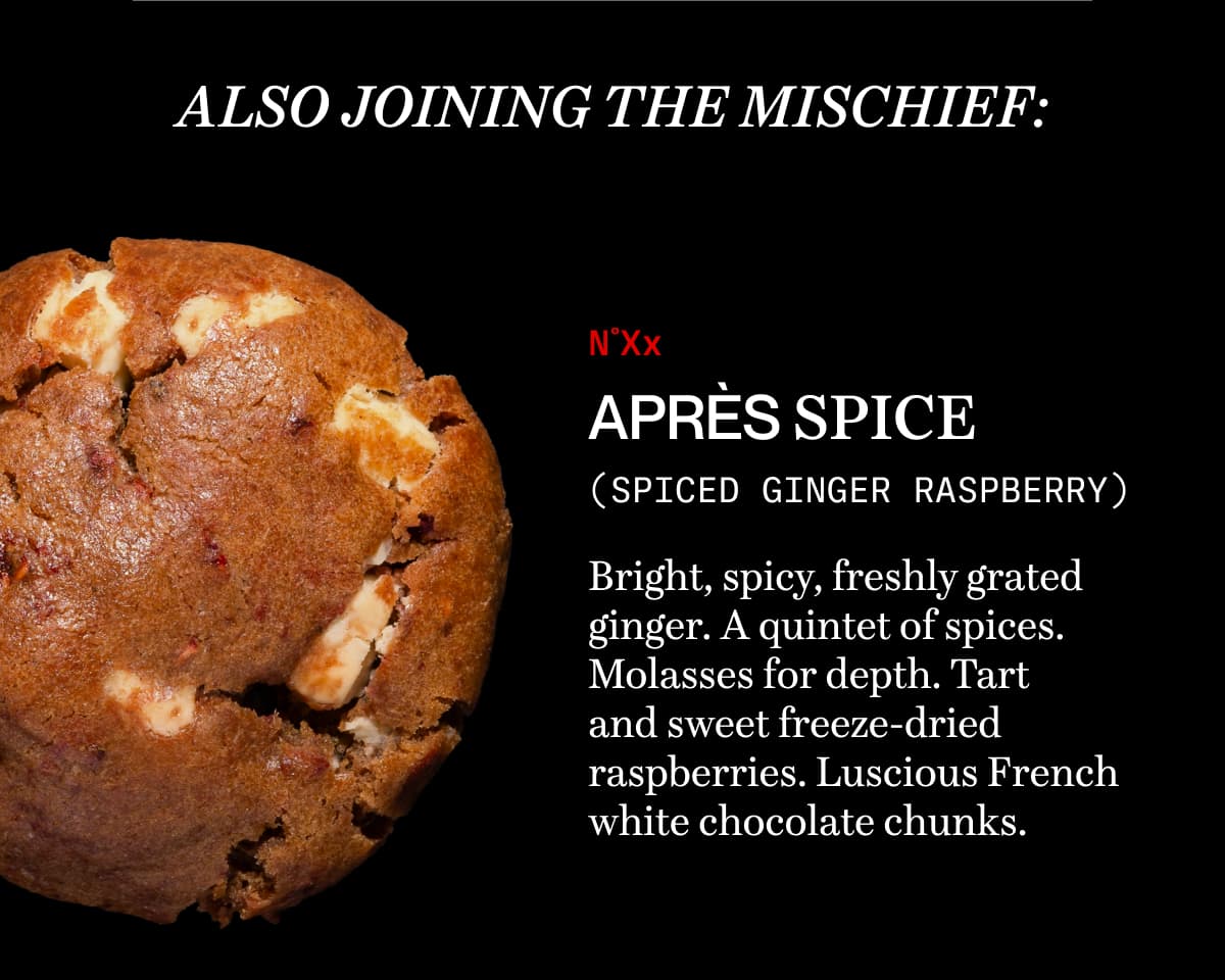 Also joining the mischief: N˚Xx APRèS SPICE (Spiced Ginger Raspberry) | Bright, spicy, freshly grated ginger. A quintet of spices. Molasses for depth. Tart and sweet freeze-dried raspberries. Luscious French white chocolate chunks.