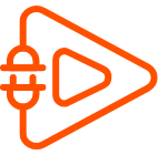 An orange play button is integrated with a plug icon, forming a triangular shape