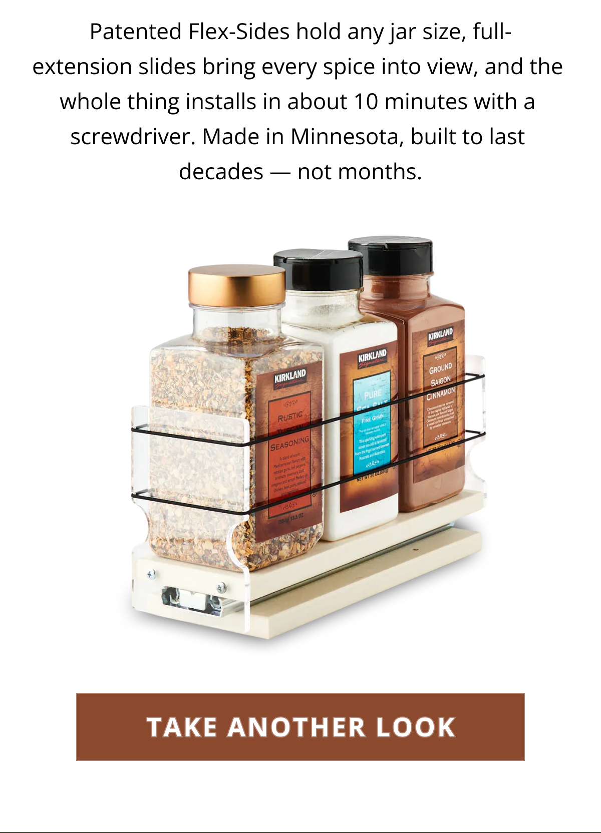 Compact cream-colored spice rack drawer with adjustable sides holding multiple spice jar sizes on a sliding base