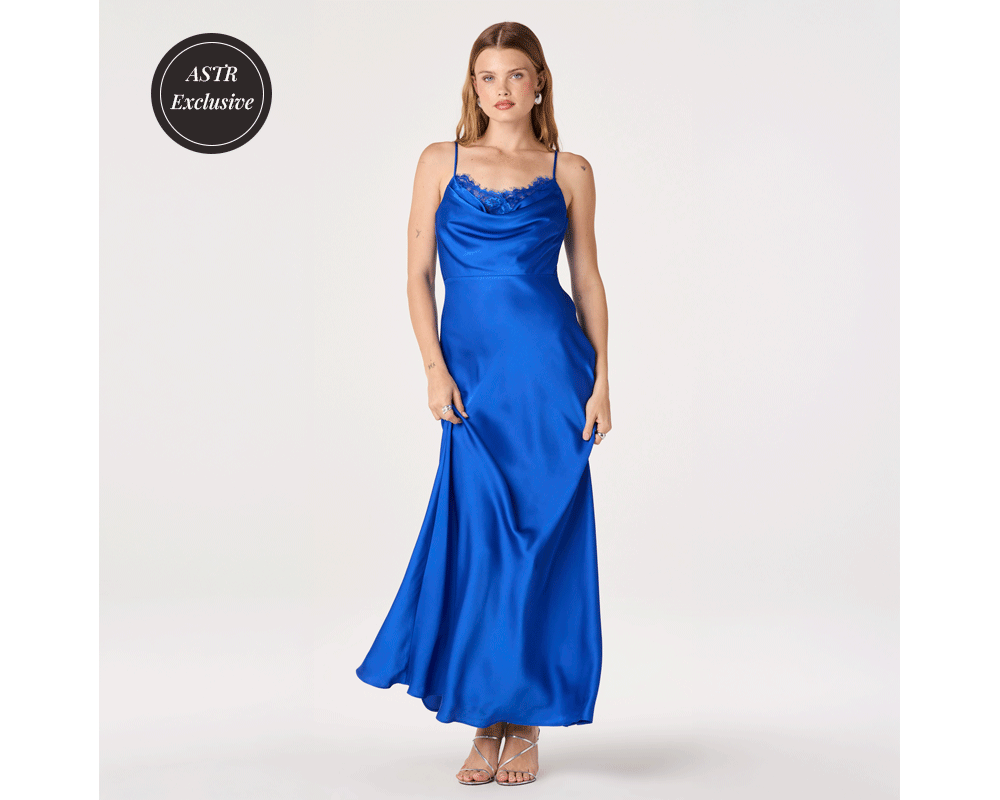 Woman Wearing Cowl Neck Satin Maxi Dress