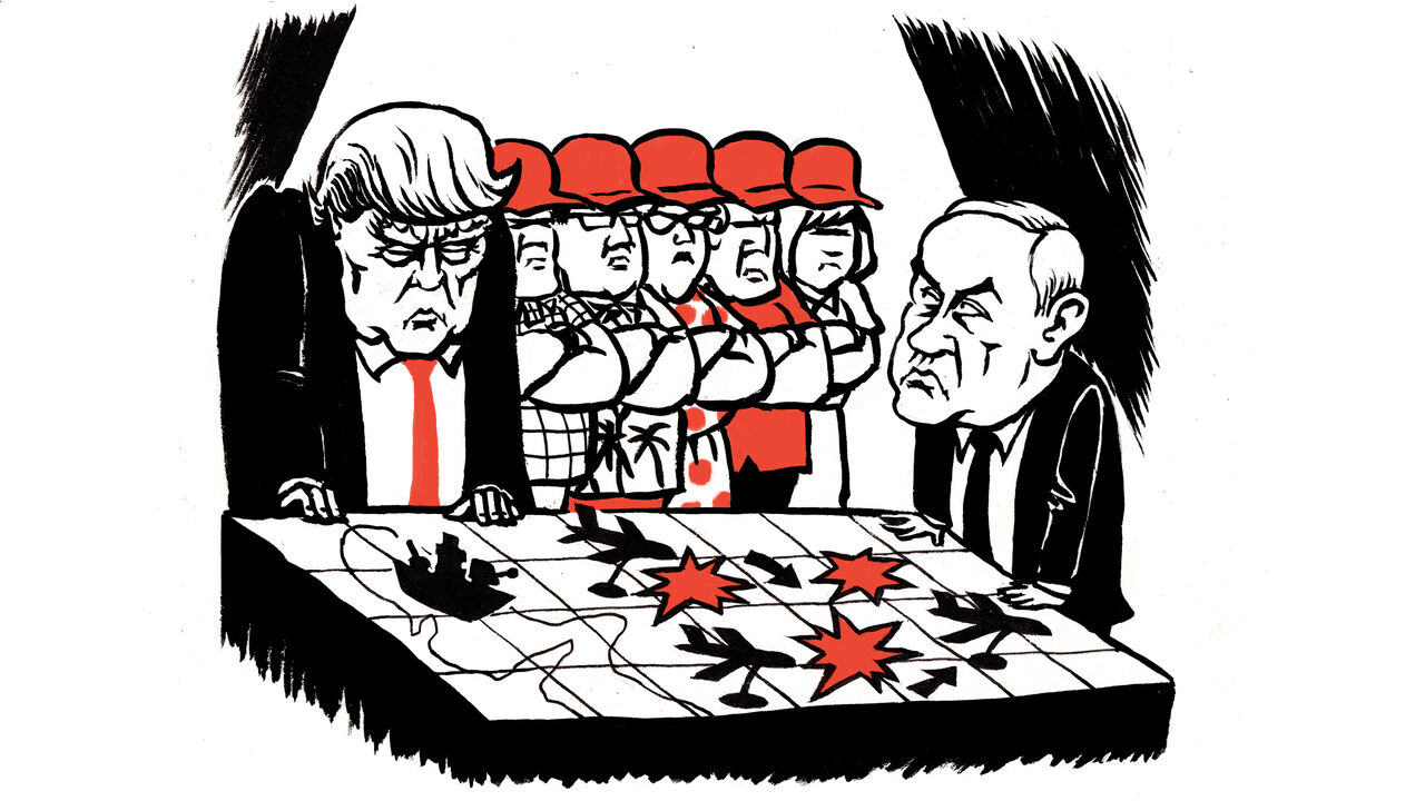 Cartoon of Donald Trump and Vladimir Putin facing each other over a map marked with bombs and explosions, while a line of supporters stands behind Trump.