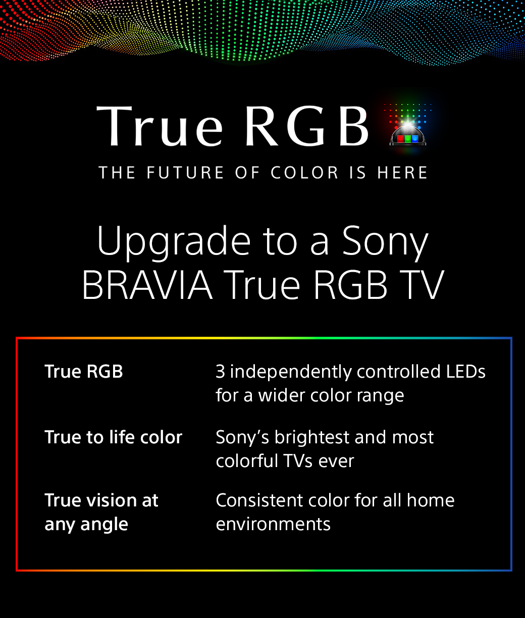 True RGB | The Future Of Color Is Here | Upgrade to a Sony Bravia True RGB TV | True RGB - 3 independently controlled LEDs for a wider color range | True to life color - Sony’s brightest and most colorful TVs ever | True vision at any angle - Consistent color for all home environments