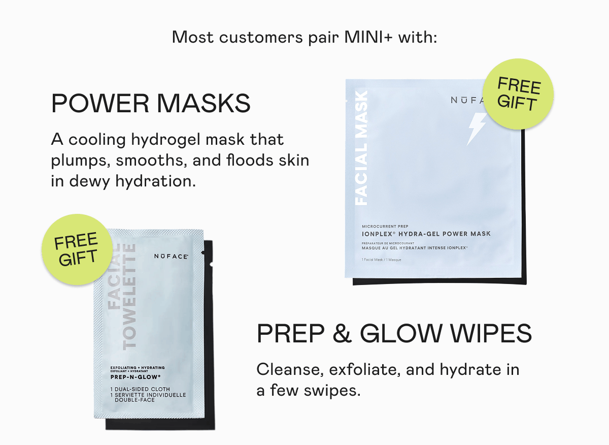 Most customers pair MINI+ with: Power Masks and Prep & Glow Wipes (free gift with purchase).