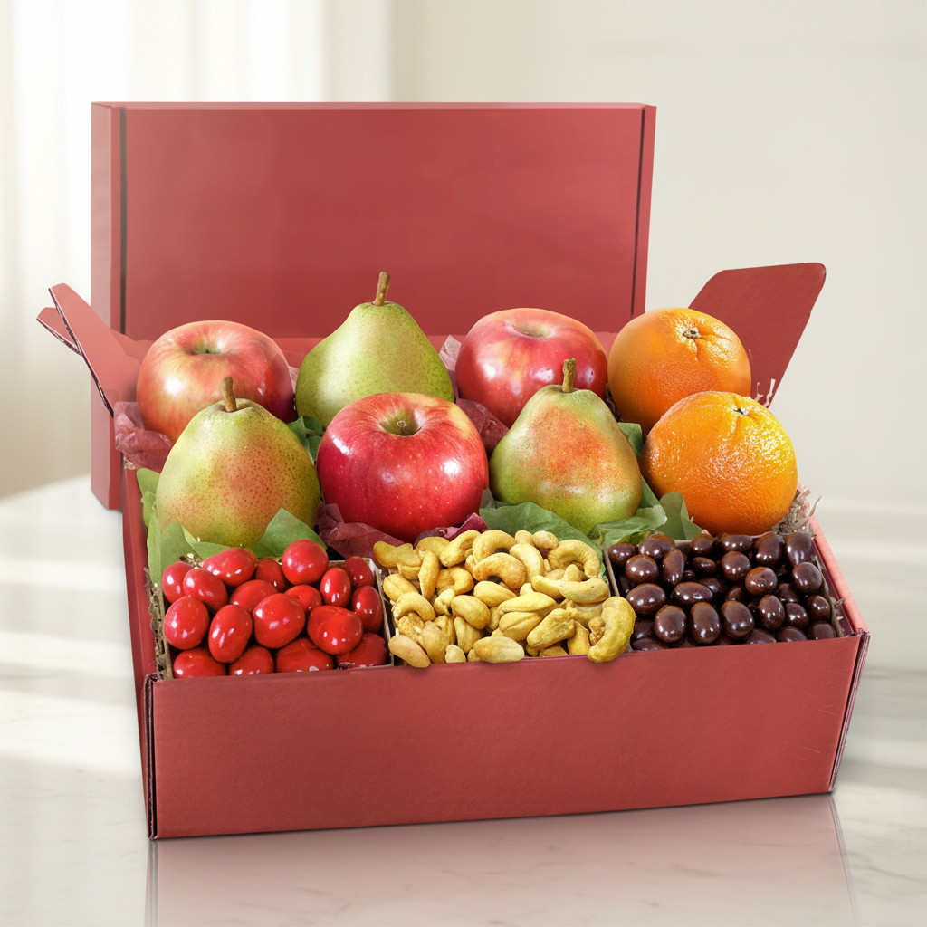 Fresh Fruit and Nuts Gift Box Deluxe with seasonal fruit and assorted nuts.