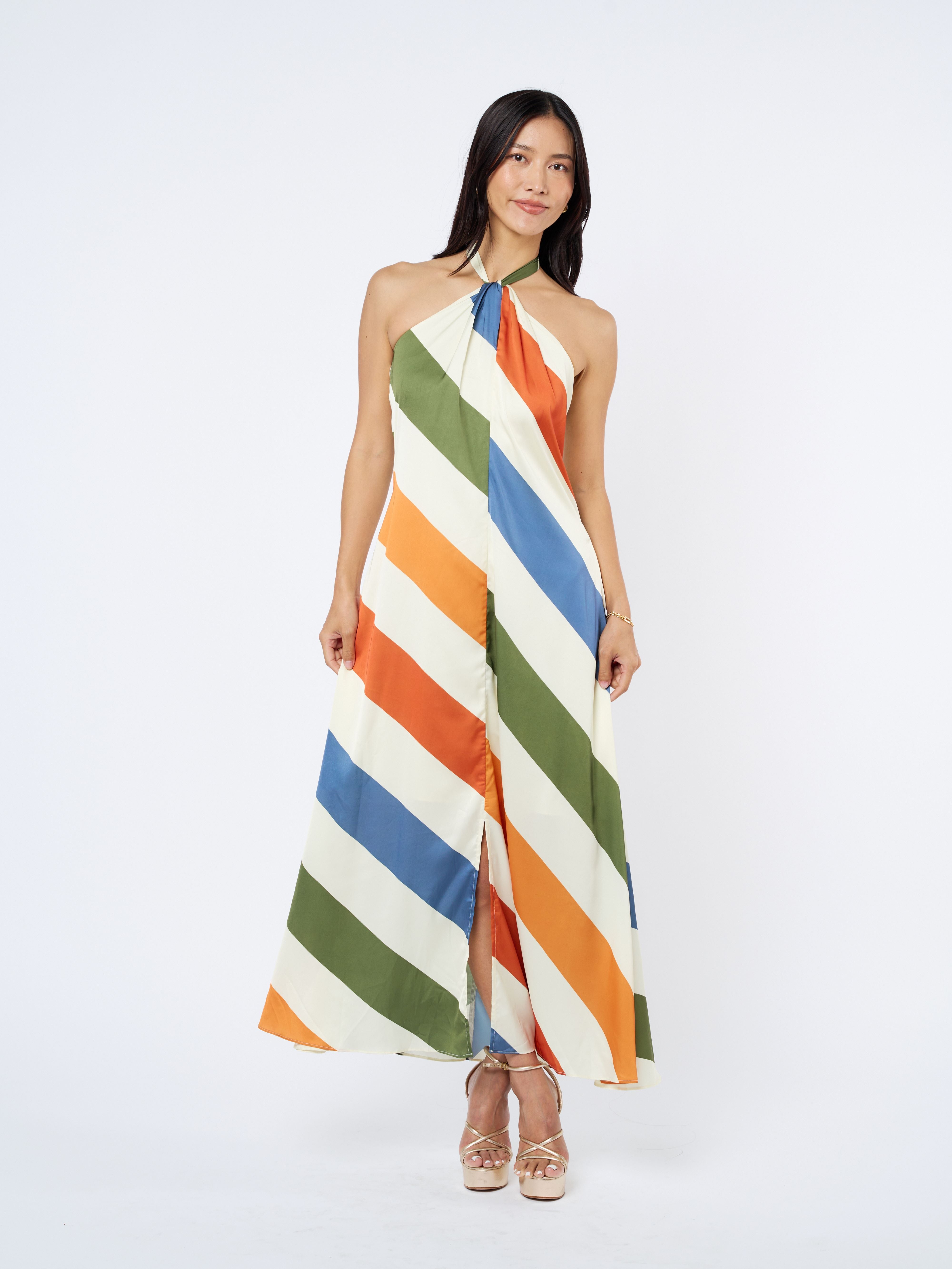 Image of Jayla Striped Satin Halter Neck Maxi Dress