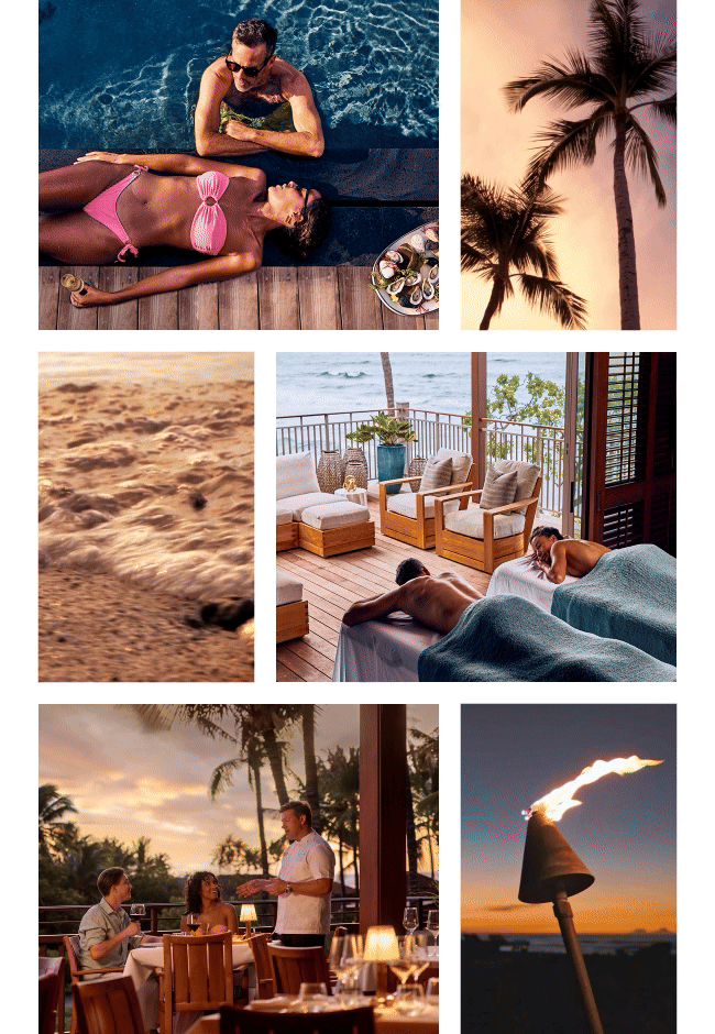 Collage of 6 images:&nbsp;Top Left) A man in a pool talks with a woman resting at the pool’s edge. Top Right) An upward angle view of palm trees against the sky. Middle Left) Waves rolling onto a sandy beach. Middle Right) A couple lies on massage beds with a balcony and ocean view beyond. Bottom Left) A couple speaks with a chef at their table. Bottom Right) A lone torch burning against the evening sky.