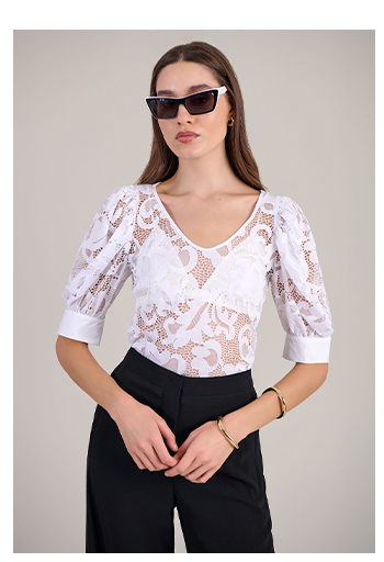 White Open Lace Work V-Neck T-Shirt With Puff Sleeves and Poplin French Cuffs