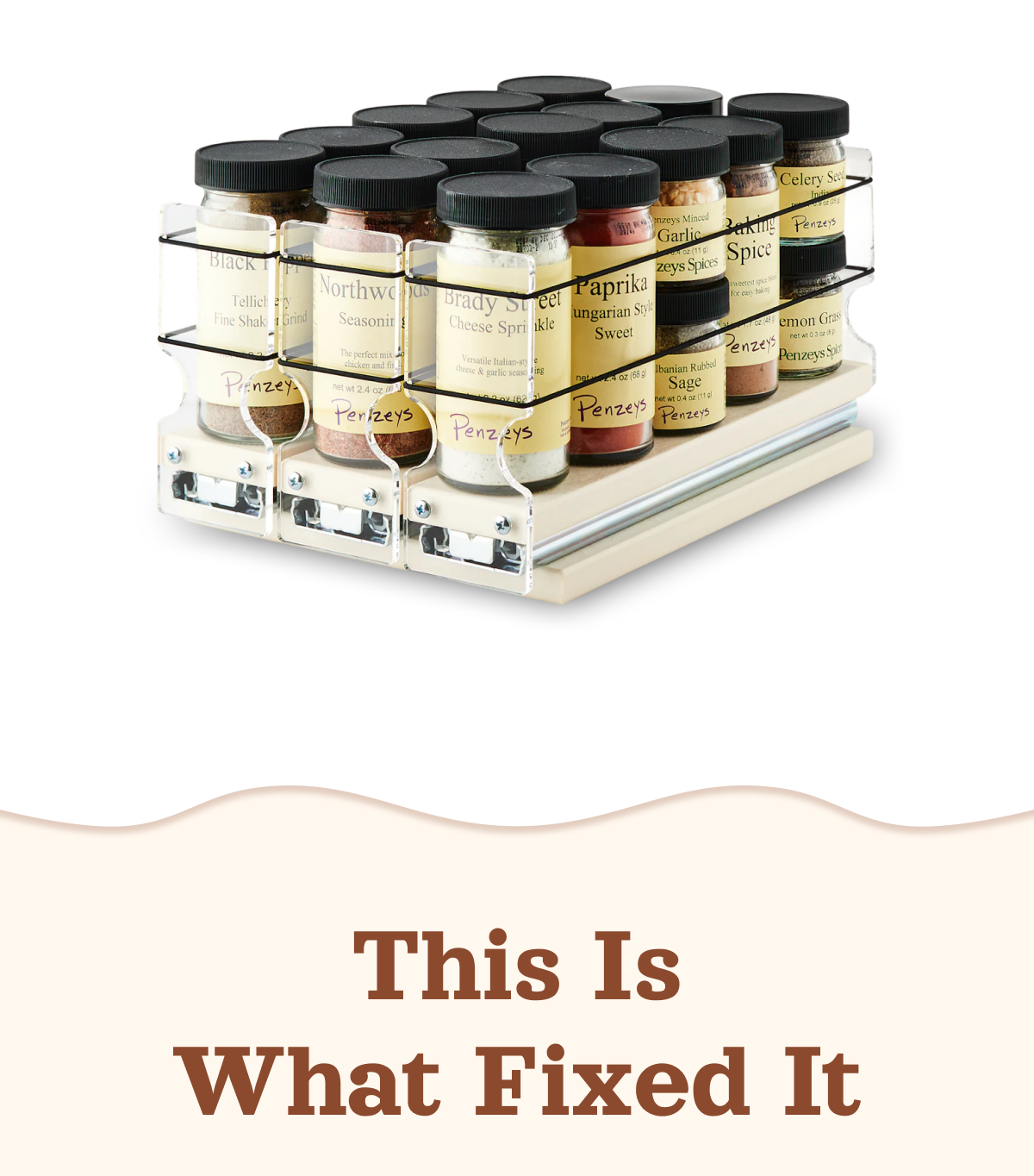 product image of a vertical spice pull-out drawer filled with spice jars on a light background with headline “this is what fixed it”
