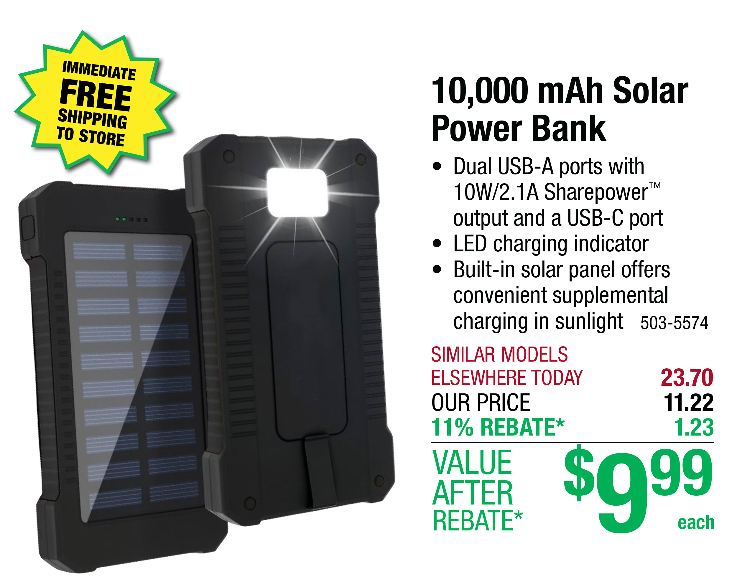 10,000 mAh Solar Power Bank - ONLY $9.99 After Rebate*!