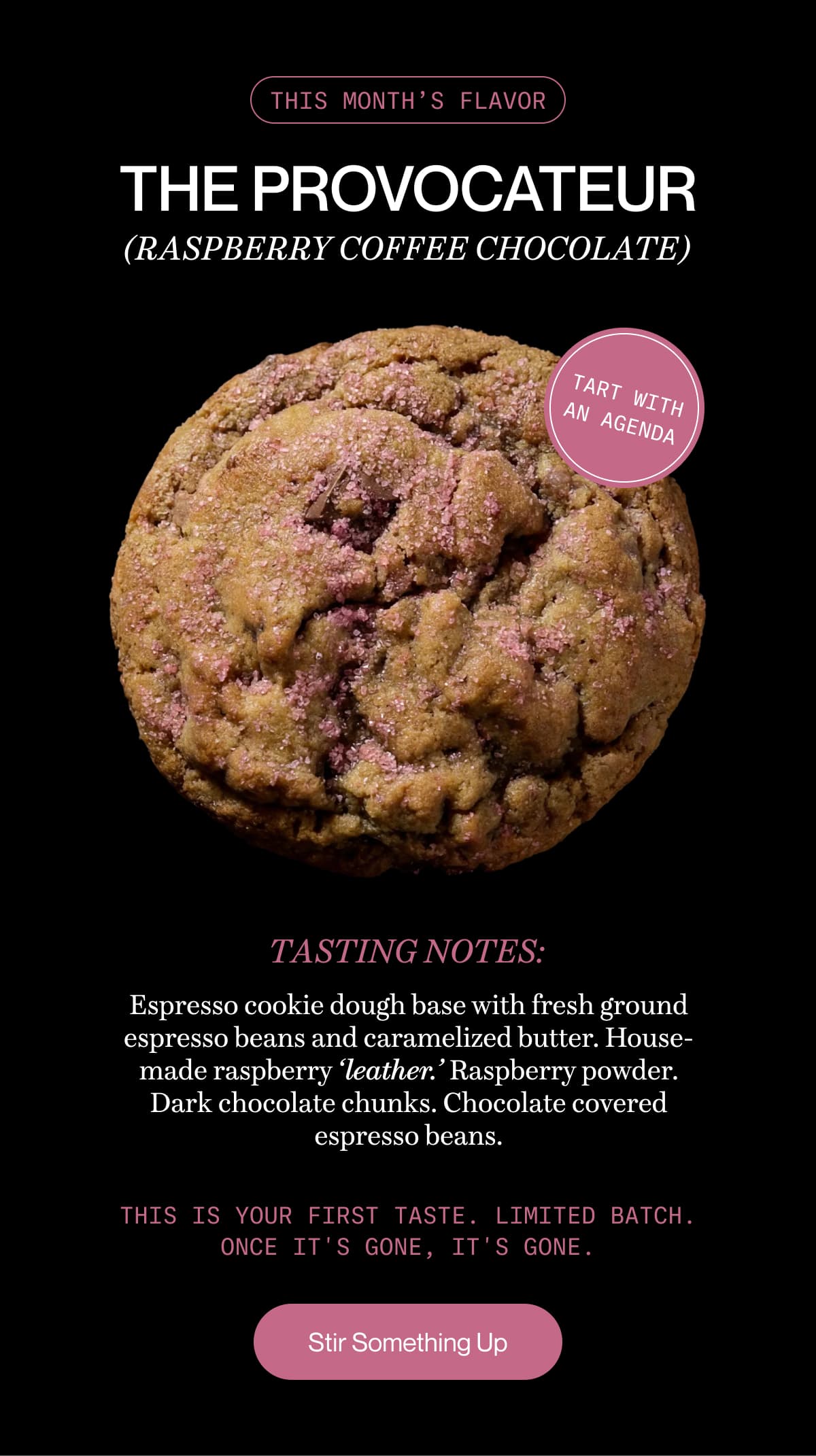 this month’s flavor | THE PROVOCATEUR (RASPBERRY COFFEE CHOCOLATE) | tasting notes: Espresso cookie dough base with fresh ground espresso beans and caramelized butter. House-made raspberry ‘leather.’ Raspberry powder. Dark chocolate chunks. Chocolate covered espresso beans. | This is your first taste. Limited batch. Once it's gone, it's gone. | Stir Something Up