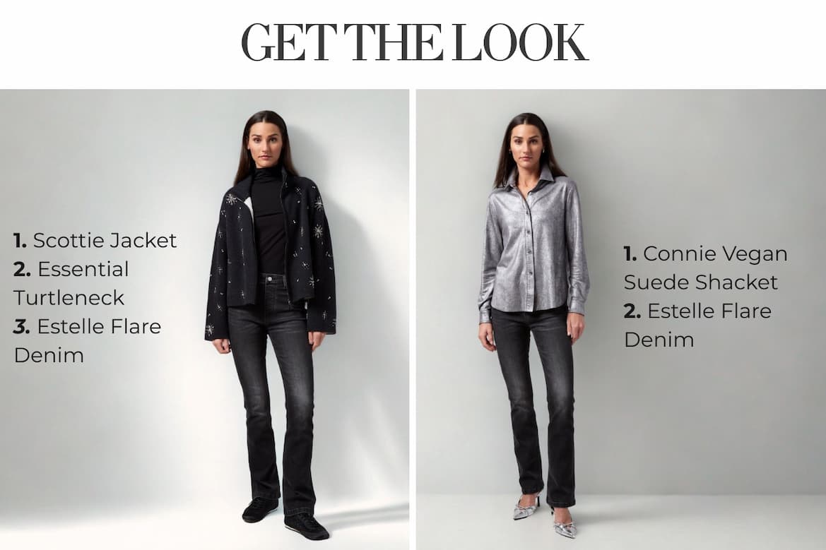 Two outfits styled with the Estelle Flare in Distressed Black, featuring heels in one look and sneakers in the other, paired with holiday-ready layers.