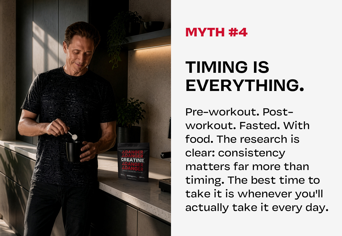 "Timing is everything." Text on consistency over timing, beside man holding mug and phone.
