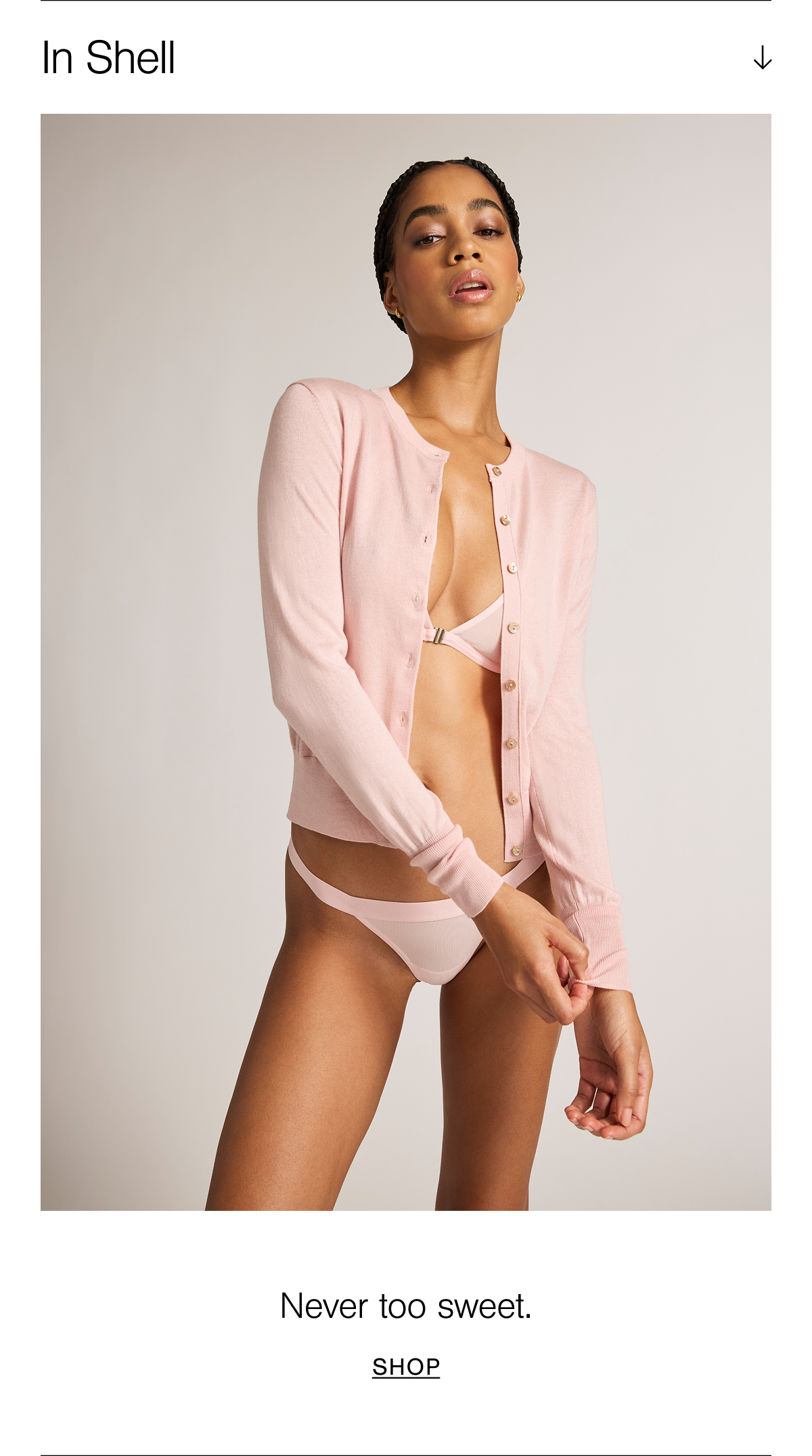 Never too sweet. Shop the Silk Cashmere Cardi in Shell. Shell is a rose-tinted cherry blossom blush pink tone.