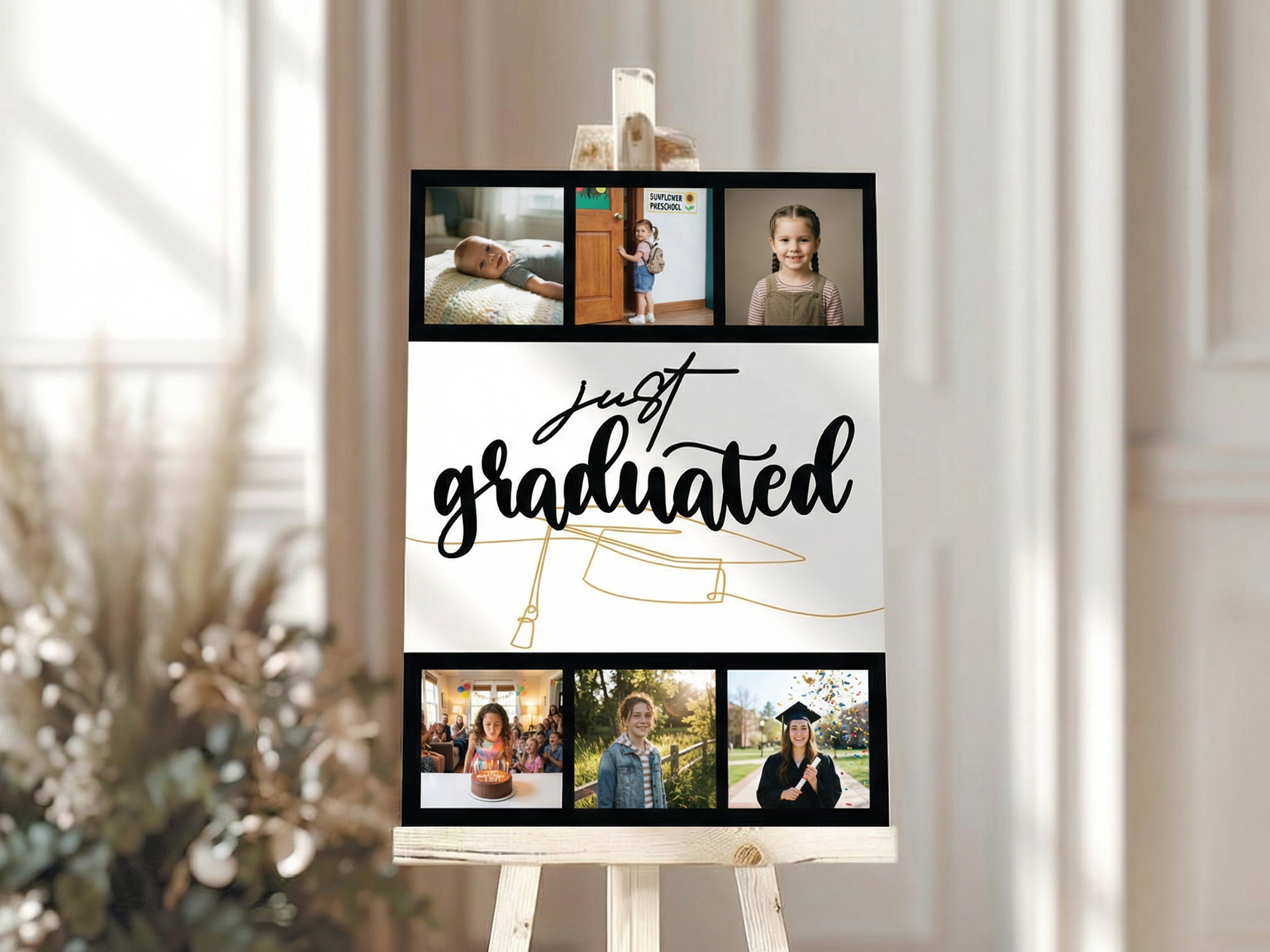 Graduation photo collage foam board displayed on an easel, featuring childhood and school photos, a cap illustration, and large “just graduated” text.