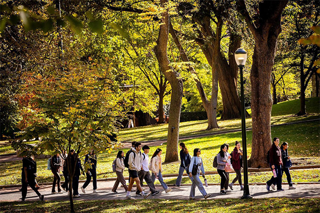 Students walking on campus.