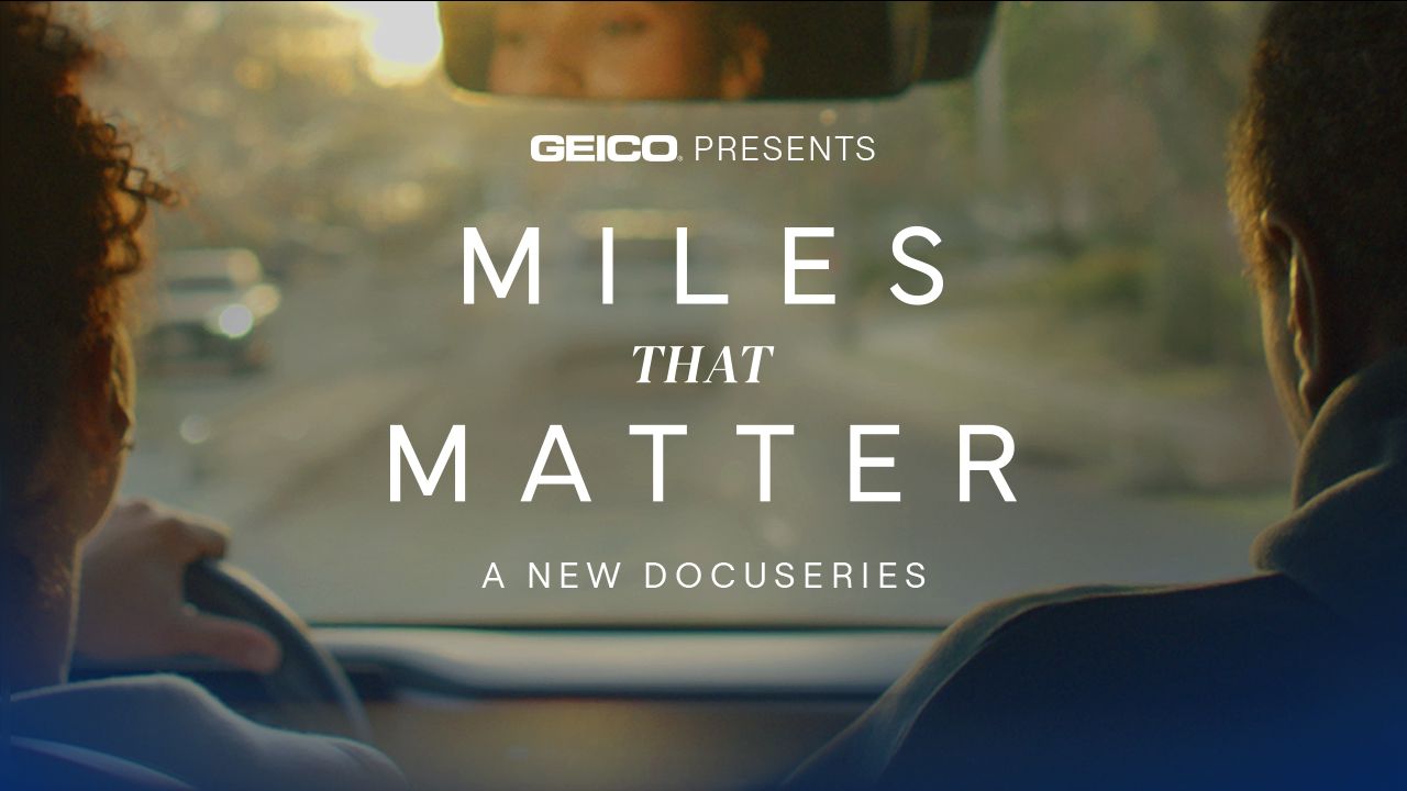 Hero image of people in the front seat of a car looking out the dashboard from Geico's Miles that Matter basketball docuseries.