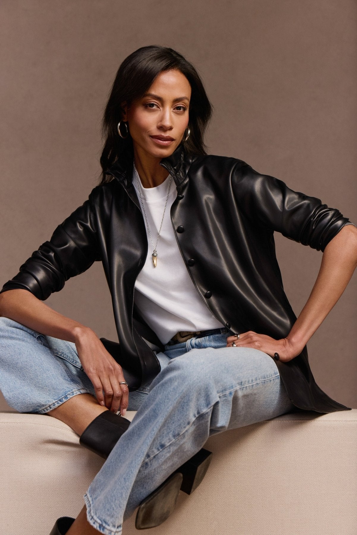 Image of Carolina Vegan Leather Long Sleeve Shirt Jacket