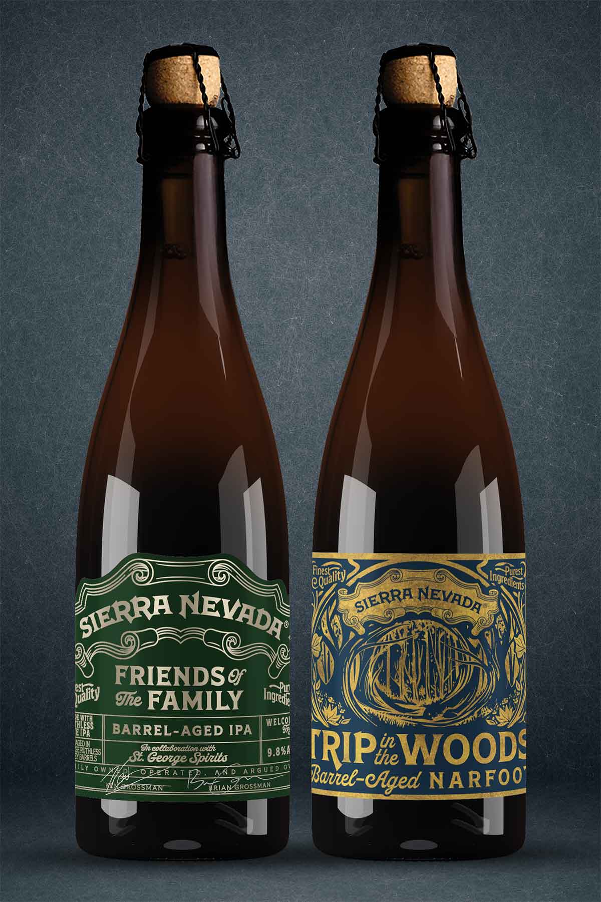 A bottle of Barrel-Aged Ruthless Rye IPA and a bottle from the Trip in the Woods series