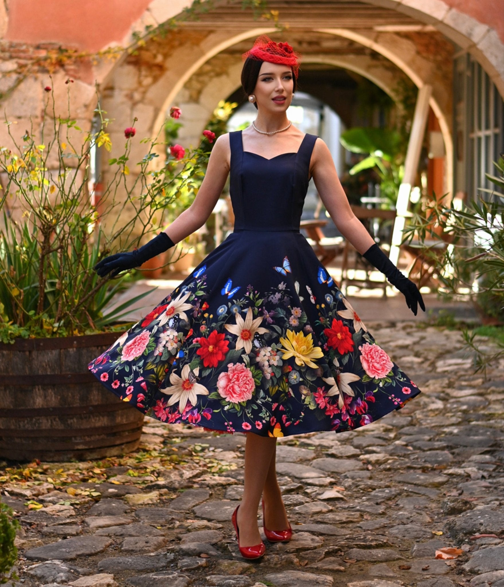 Image of Navy Butterfly & Floral Moonlight Swing Dress