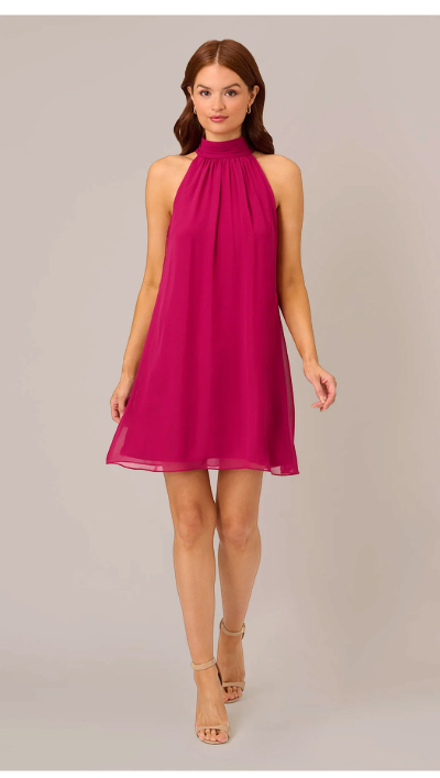 Sleeveless Pleated Chiffon Shift Dress With Mock Neckline In Magenta