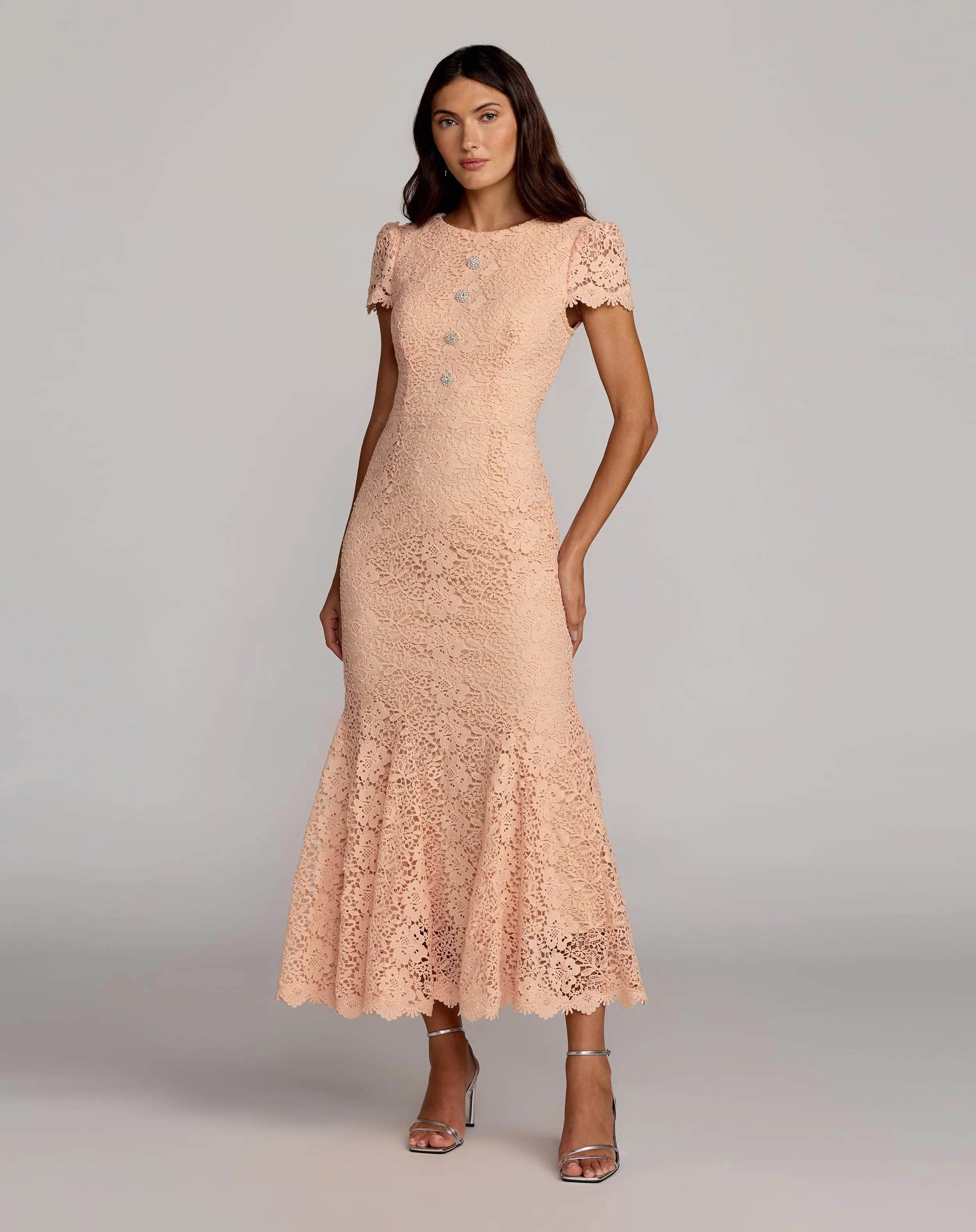 Image of Peach Embroidered Lace Cap Sleeve Midi Dress