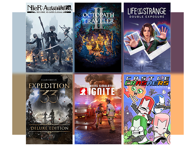 A grid of box art featuring NieR:Automata™ BECOME AS GODS Edition, OCTOPATH TRAVELER II, Life is Strange: Double Exposure, and other games.