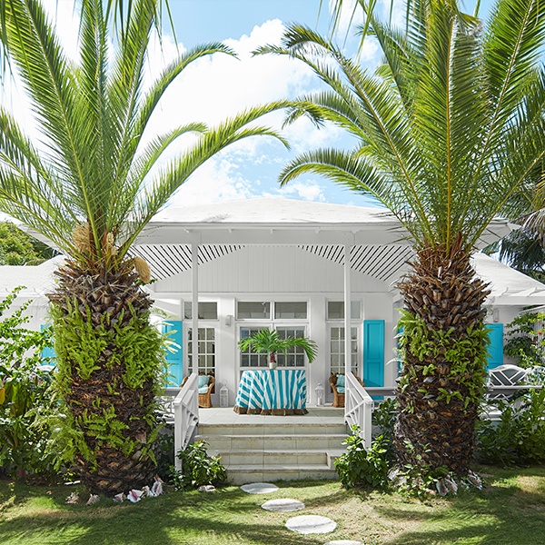 A white-painted house with a wrap-around porch and turquoise shutters, with two large palm trees and tropical plants in front.