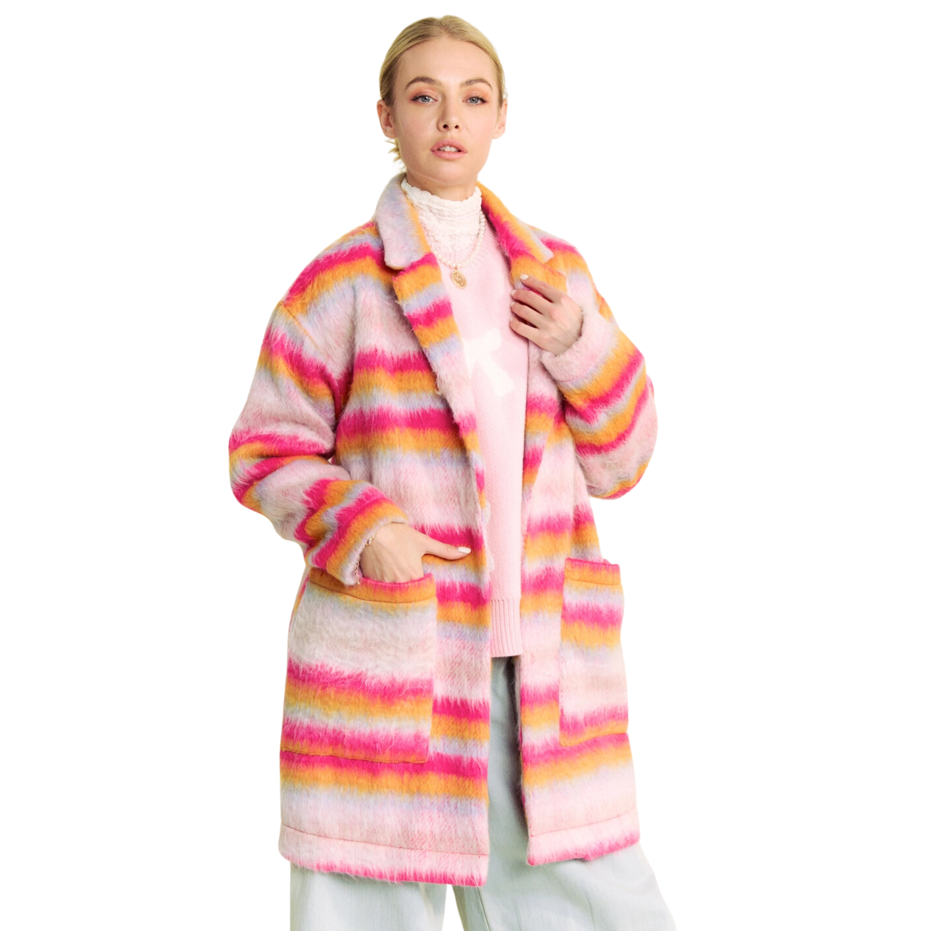 Image of Fuzzy Multi-Striped Lapel Collar Open Coat Jacket