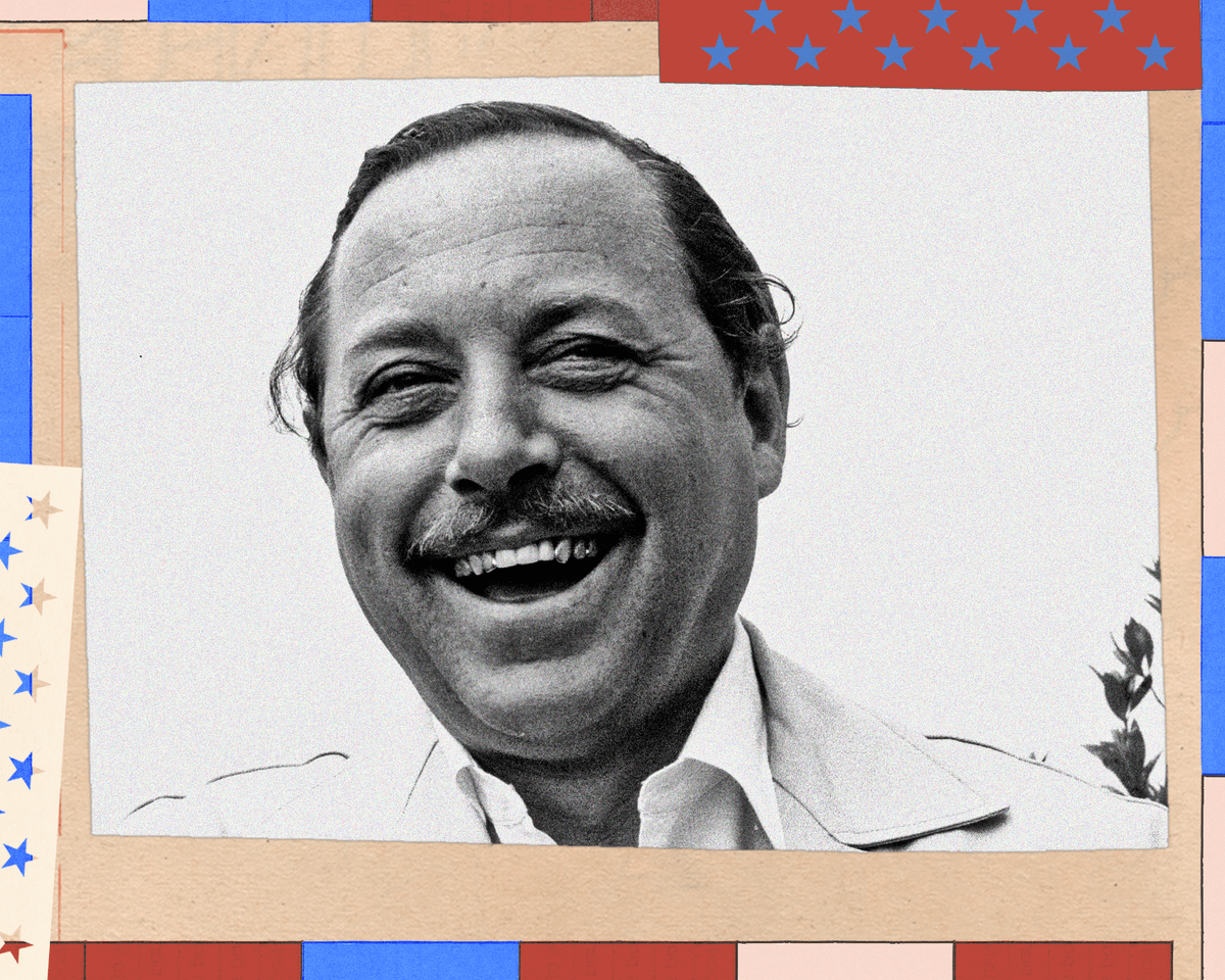 Image may contain: Tennessee Williams, Face, Head, Person, Photography, Portrait, Happy, Adult, Laughing, Art, and Smile
