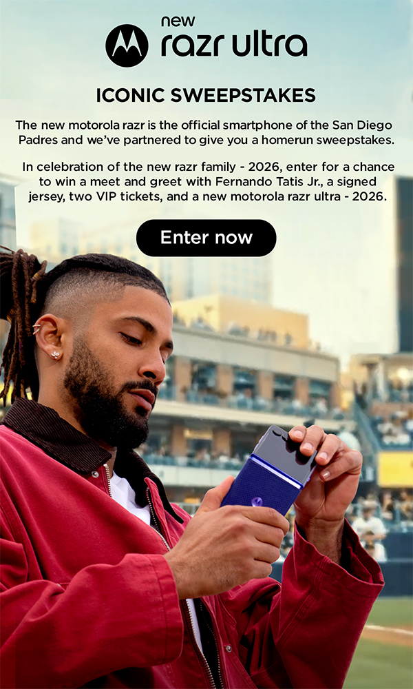 New razr ultra Iconic Sweepstakes. The new Motorola razr is the official smartphone of the San Diego Padres and we've partnered to give you a homerun sweepstakes. Enter Now.