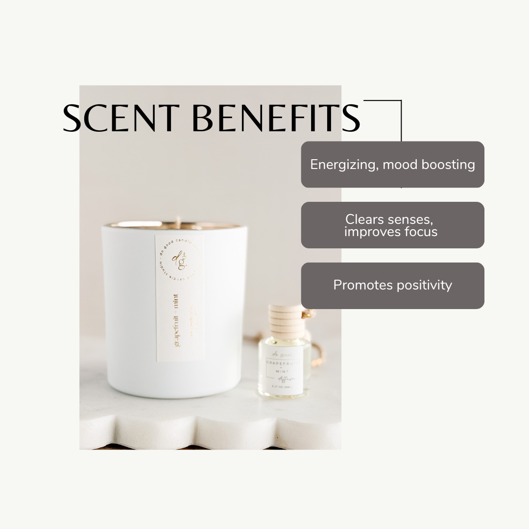 image of grapefruit + mint candle and car diffuser with a list of three benefits