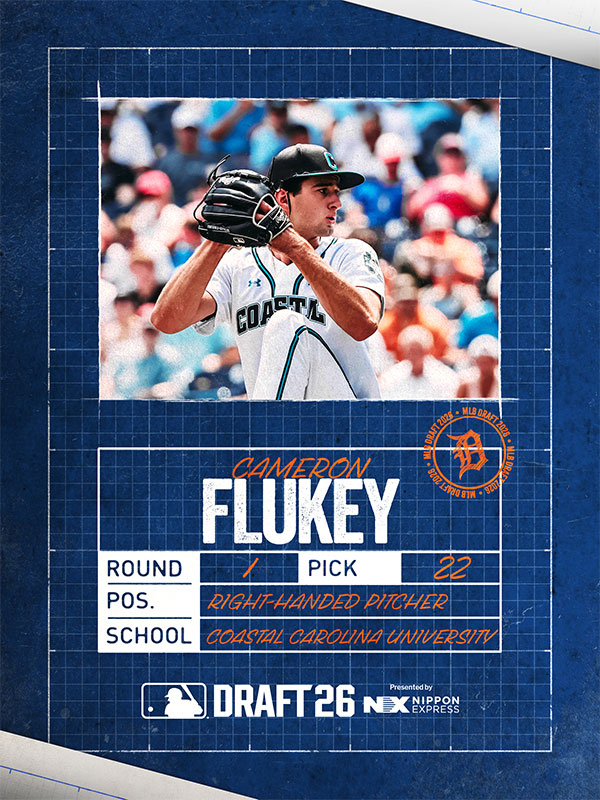The Tigers have selected RHP Cameron Flukey with the 22nd overall pick in the 2026 MLB Draft presented by Nippon Express.