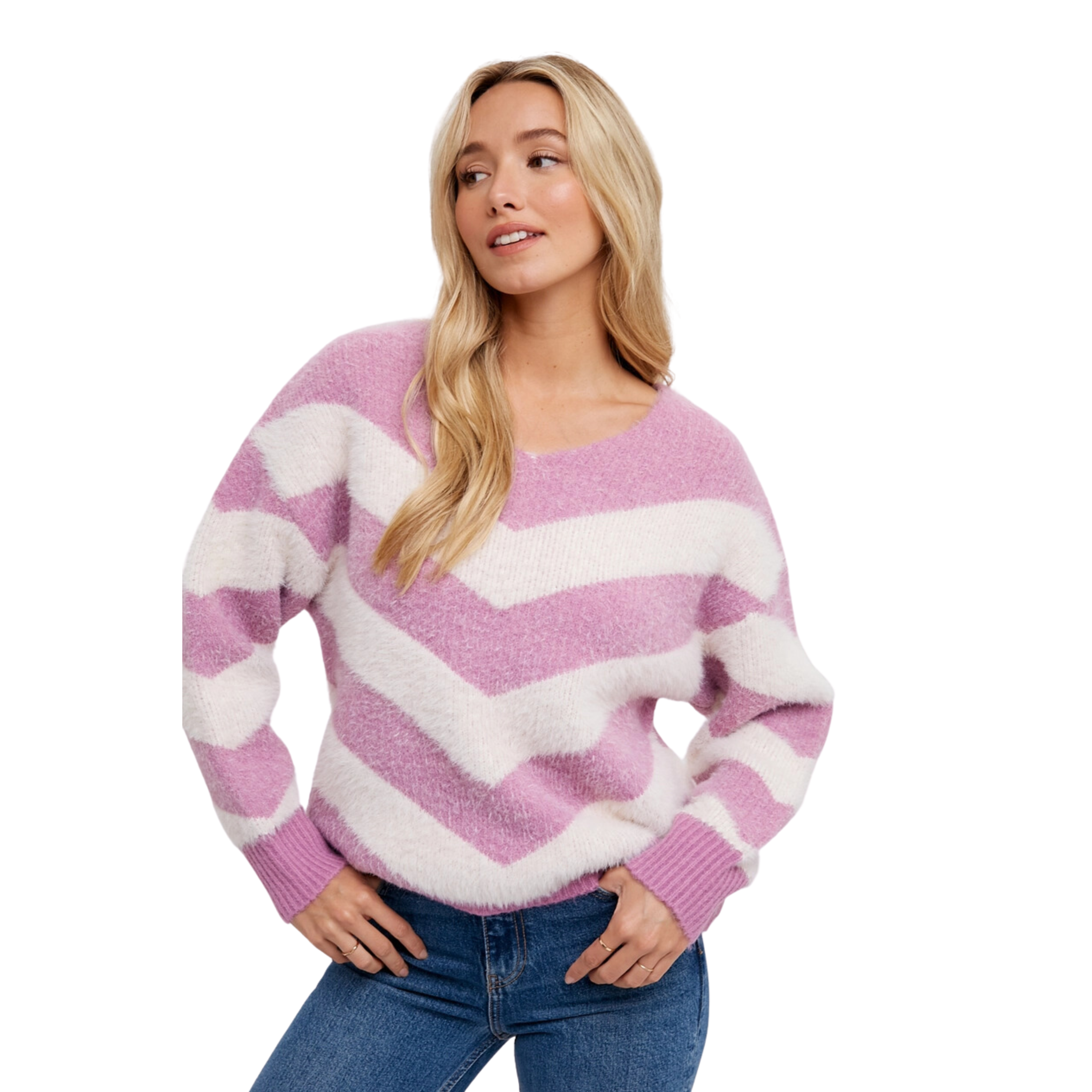 Image of Chevron Soft Fuzzy Pullover - Rose