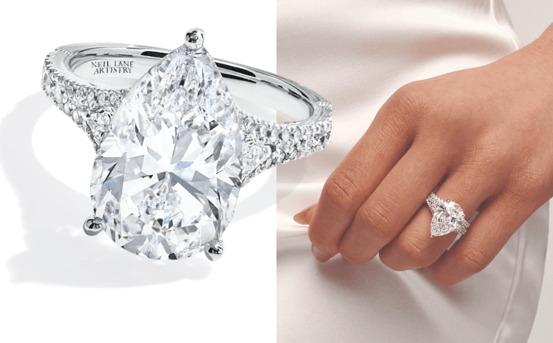 A ring with a pear shaped diamond next to a model wearing the ring.