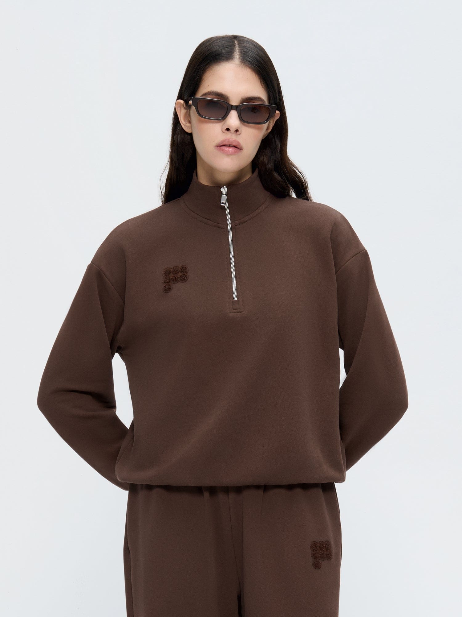 Image of Womens Half Zip Sweatshirt—Mahogany Brown