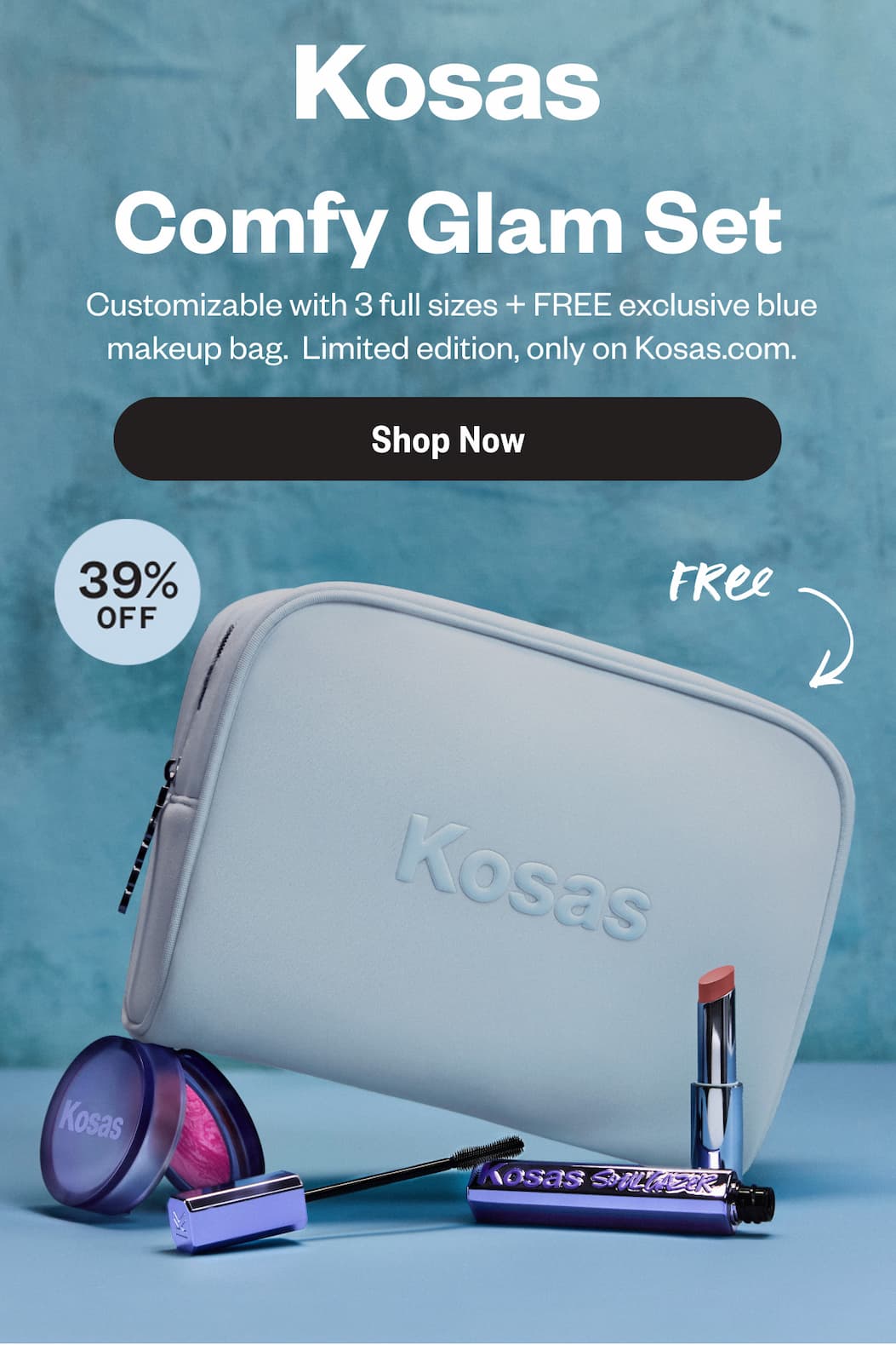 Customizable with 3 full sizes + FREE exclusive blue makeup bag.  Limited edition, only on Kosas.com.