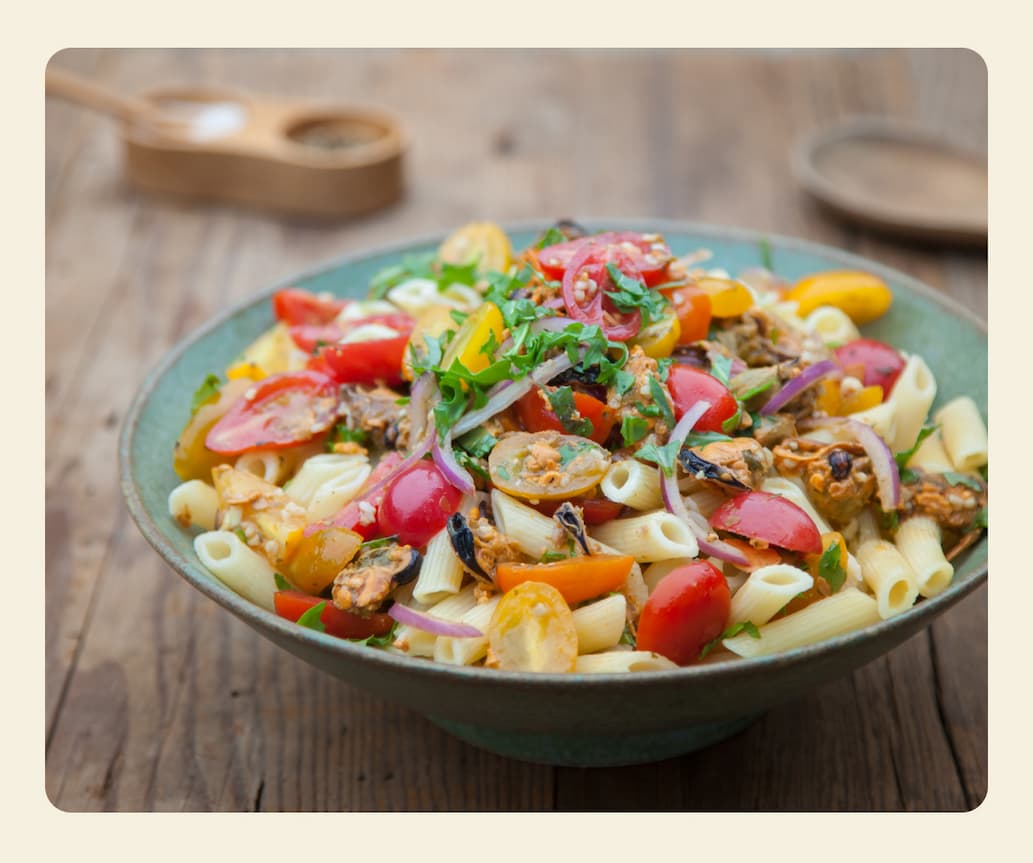 Fresh Tomato Pasta with Lemon Herb Mussels