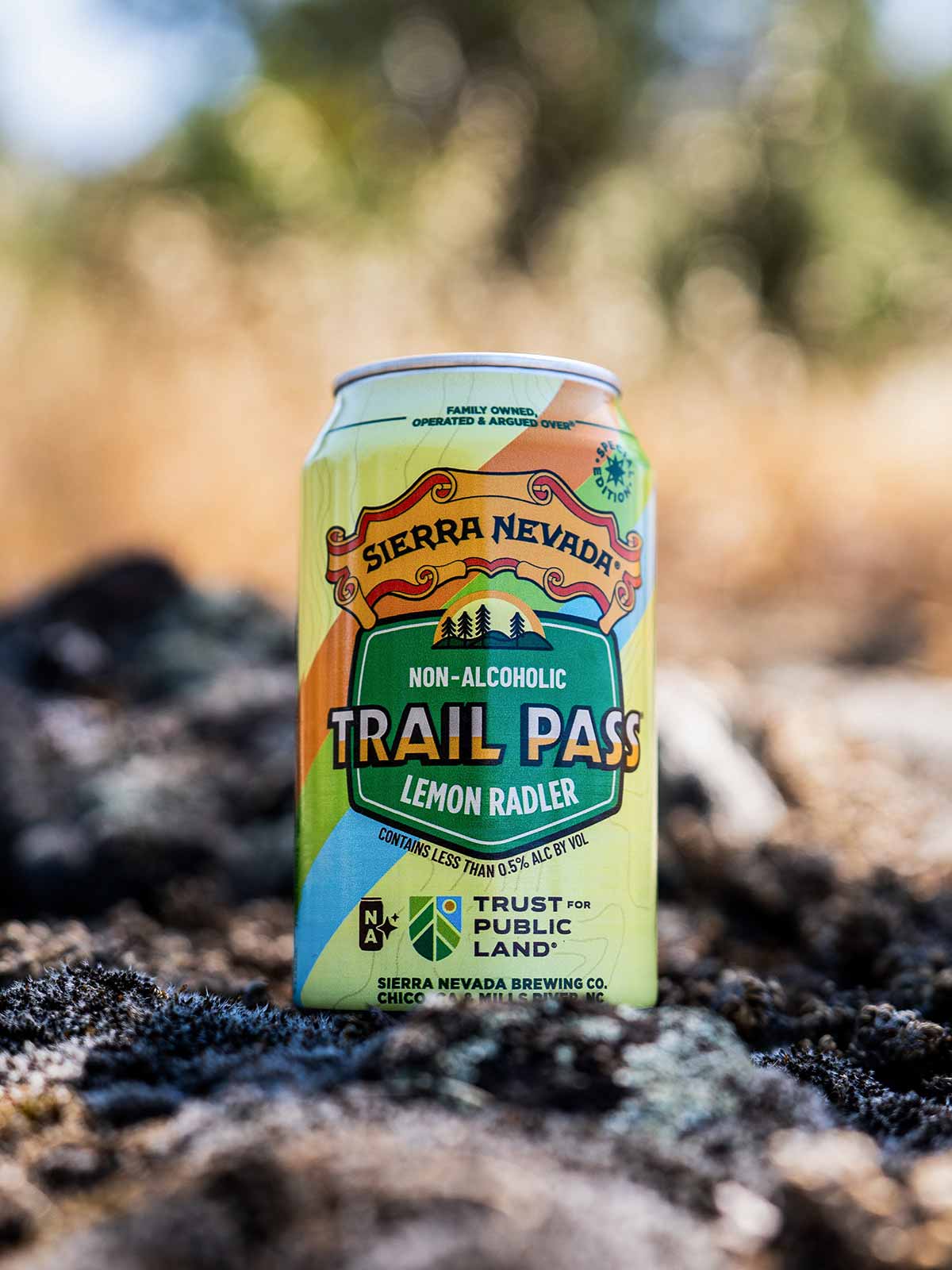 A can of Trail Pass Non-Alcoholic Lemon Radler