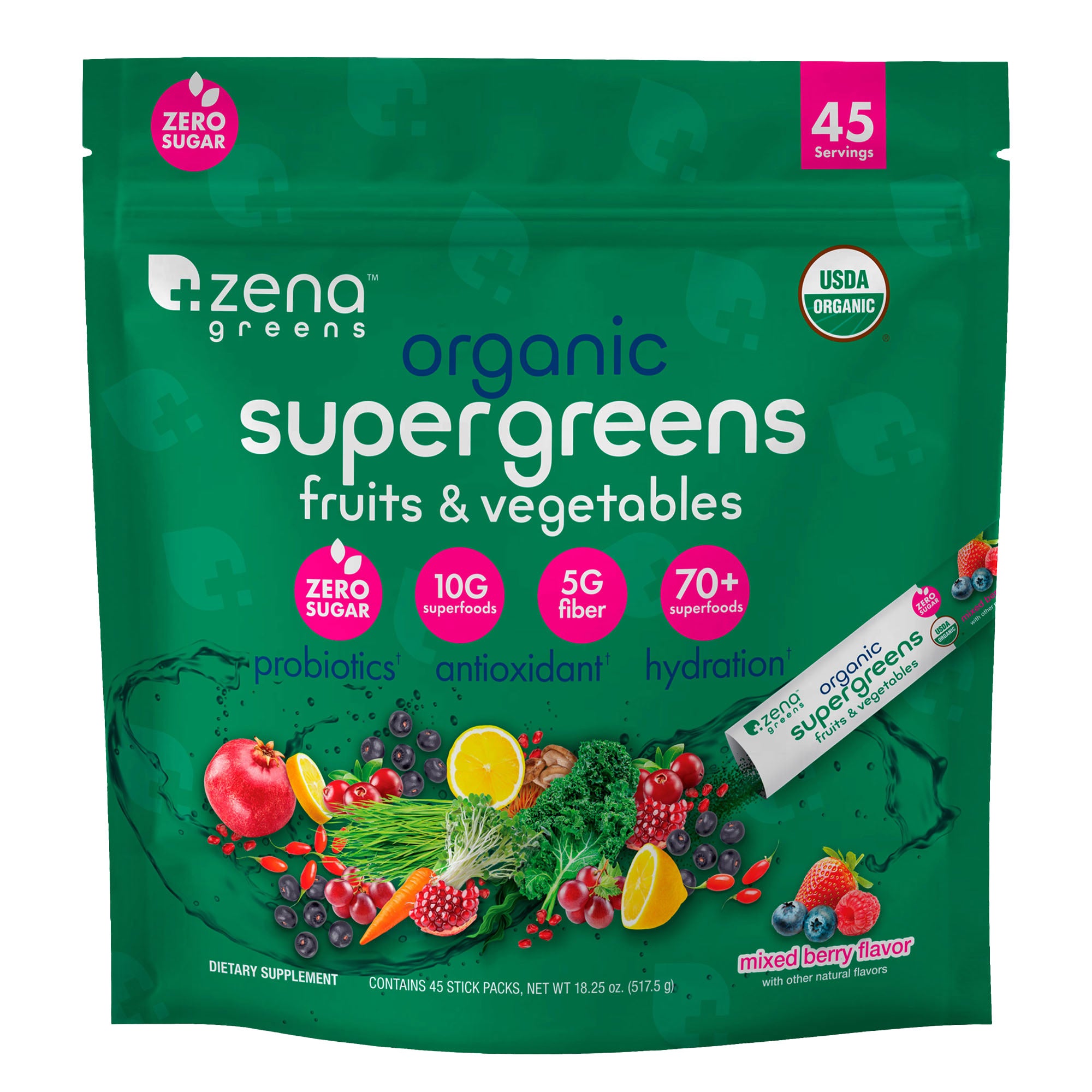 Zena USDA Organic Supergreens Fruits and Vegetables Powder, 45 Stick Packets
