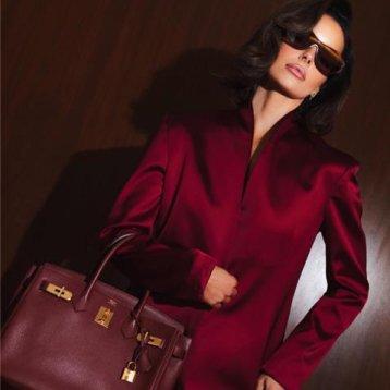 Maura Higgins wearing sunglasses and a satin red jacket, and holding a matching handbag.