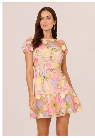 Floral Embroidered Flounce Dress With Sheer Short Sleeves In Nude Multi