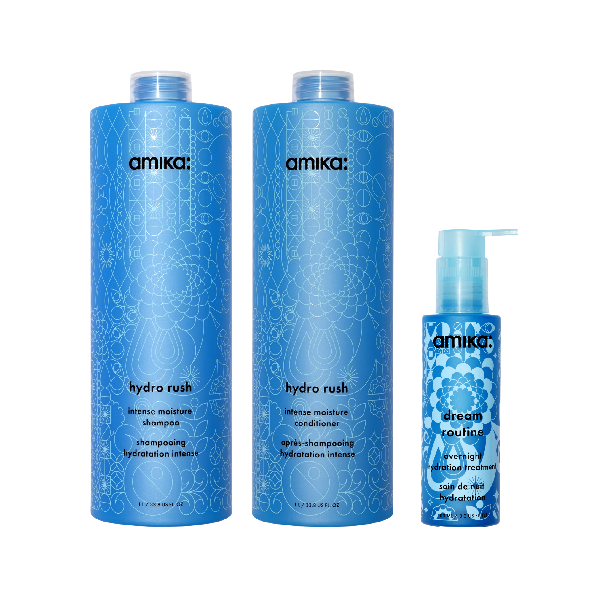 Image of super-sized hydration set | hydro rush intense moisture shampoo + conditioner + dream routine overnight treatment