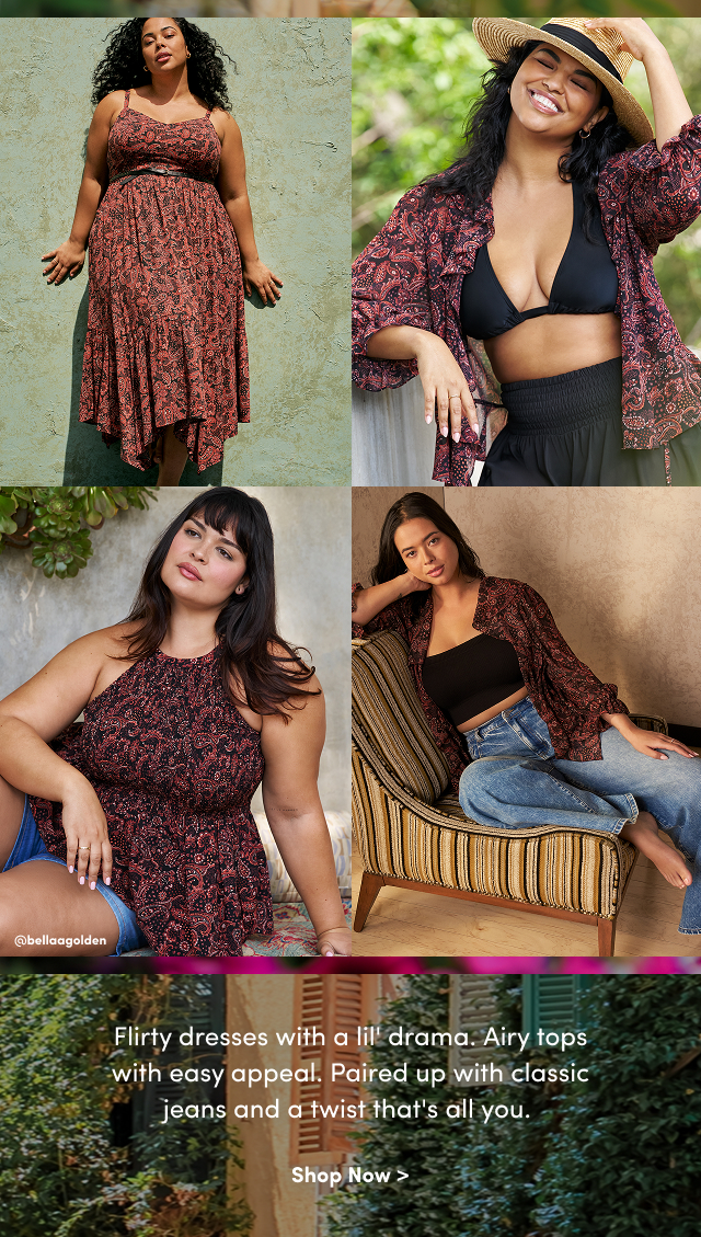 @bellaagolden | Flirty dresses with all a lil' drama. | Airy tops with easy appeal. | Paired up with classic jeans and a twist that's all you. | Shop Now >
