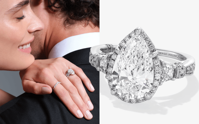A ring with a pear shaped diamond in the center next to a model wearing the ring.