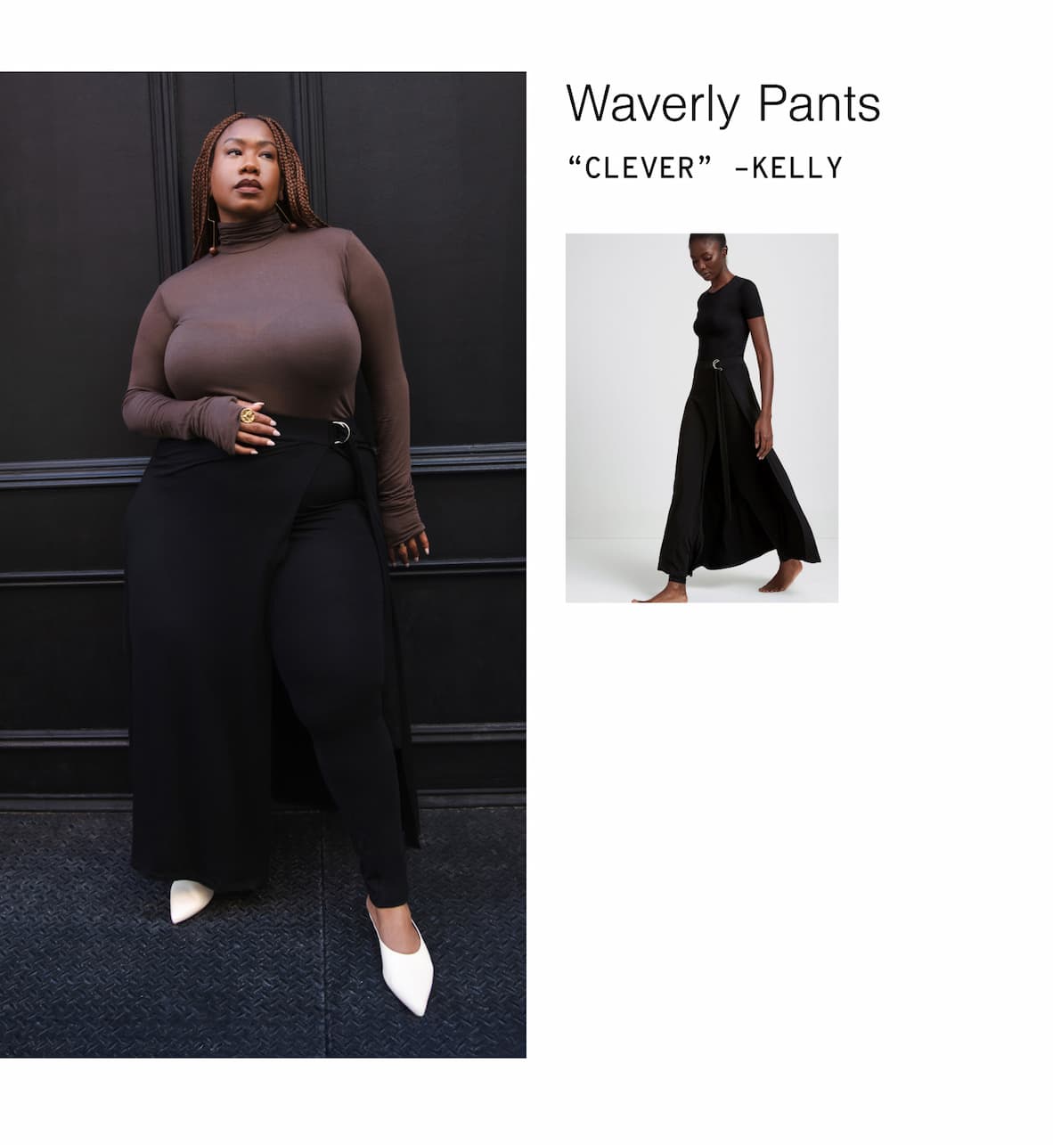Kelly Augustine leans against a black wall in the Waverly Pants and the Celeste Mules.
