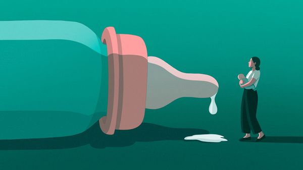 Illustration of a woman holding a baby in her arms. A milk bottle is facing her, with milk dripping out of it.