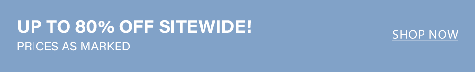 Blue promotional banner announcing a sitewide sale with up to 80% off, prices as marked. Includes a "Shop Now" call to action.